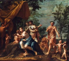Apollo als Hirte nähert sich den drei Grazien, mit Venus, Cupido, Amoretten, Pan und Panskindern